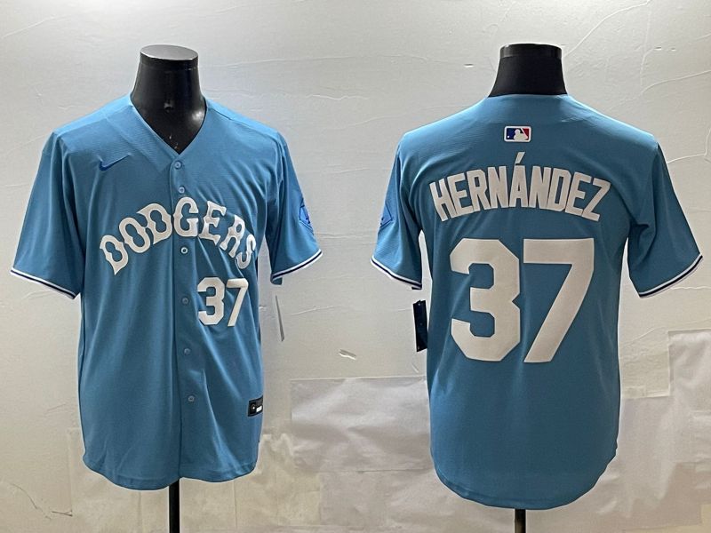 Men Los Angeles Dodgers #37 Hernandez Light Blue Joint Name 2025 Nike MLB Jersey style 21